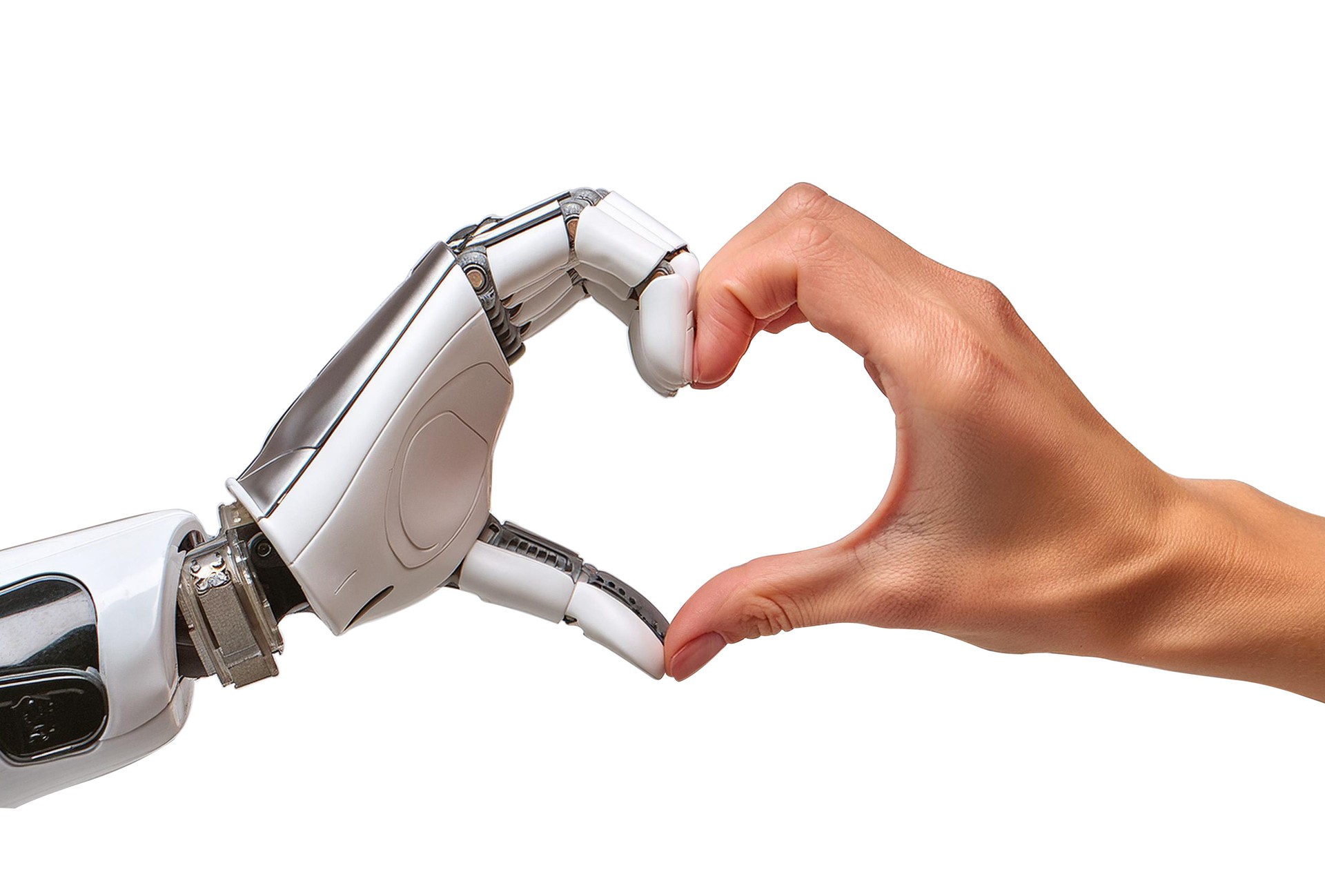 Human and robot hands forming a heart shape together on white background. AI and human collaboration concept.